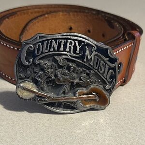 Brown tooled Leather western Belt with Country Music Buckle size 42 plus buckle